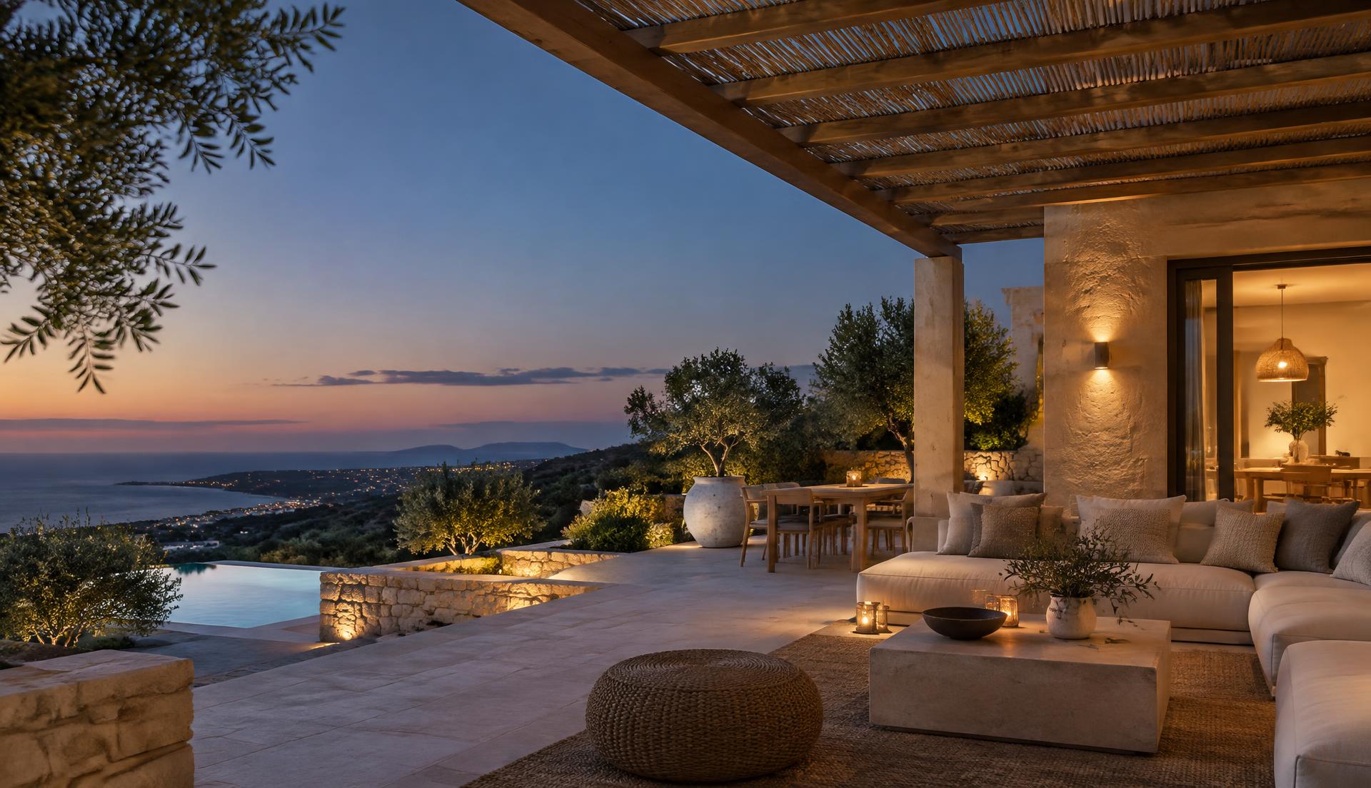 Mediterranean terrace shaded by a pergola at dusk