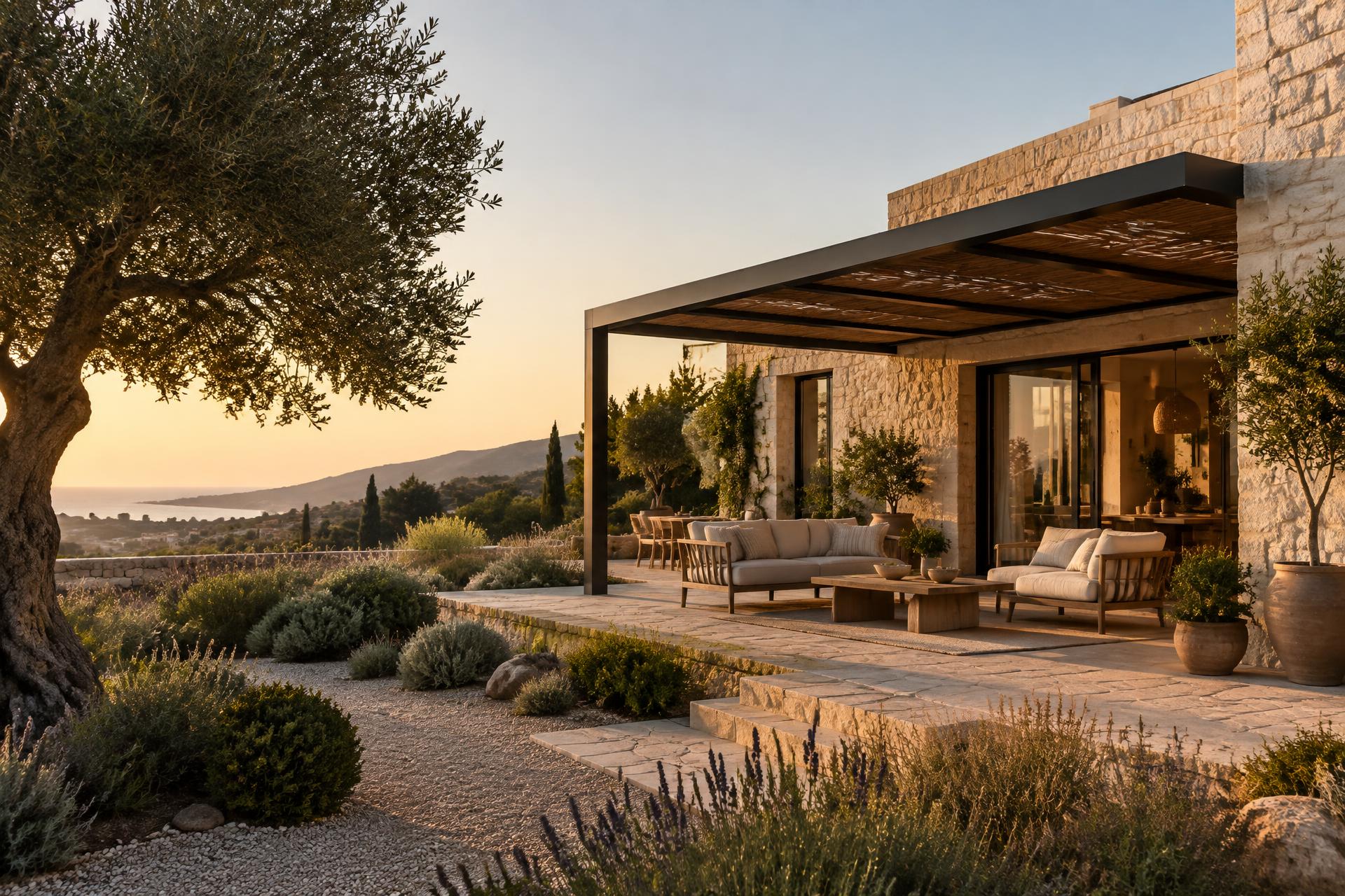Contemporary Cyprus home with integrated pergola shading