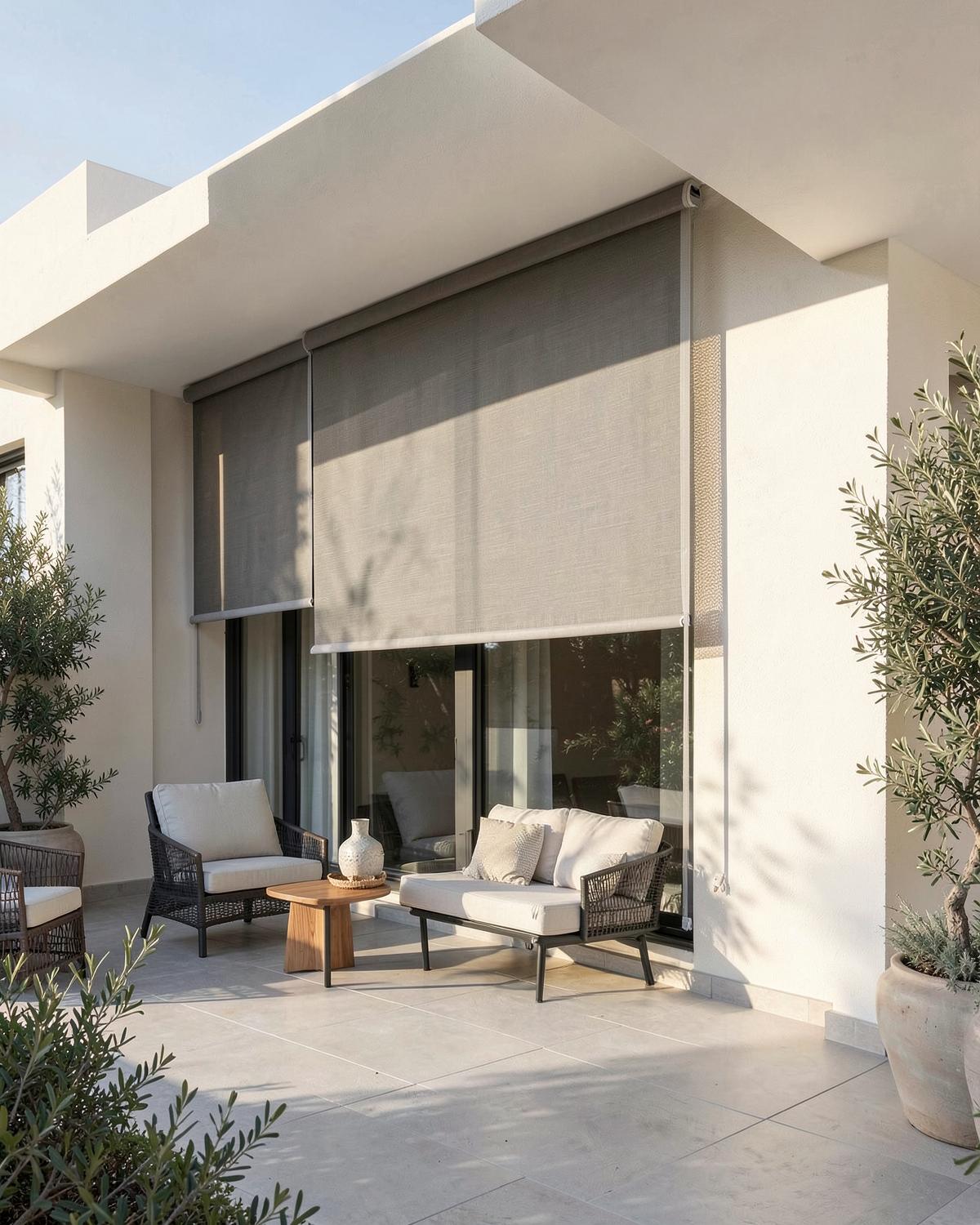 Exterior screen blinds on a modern patio