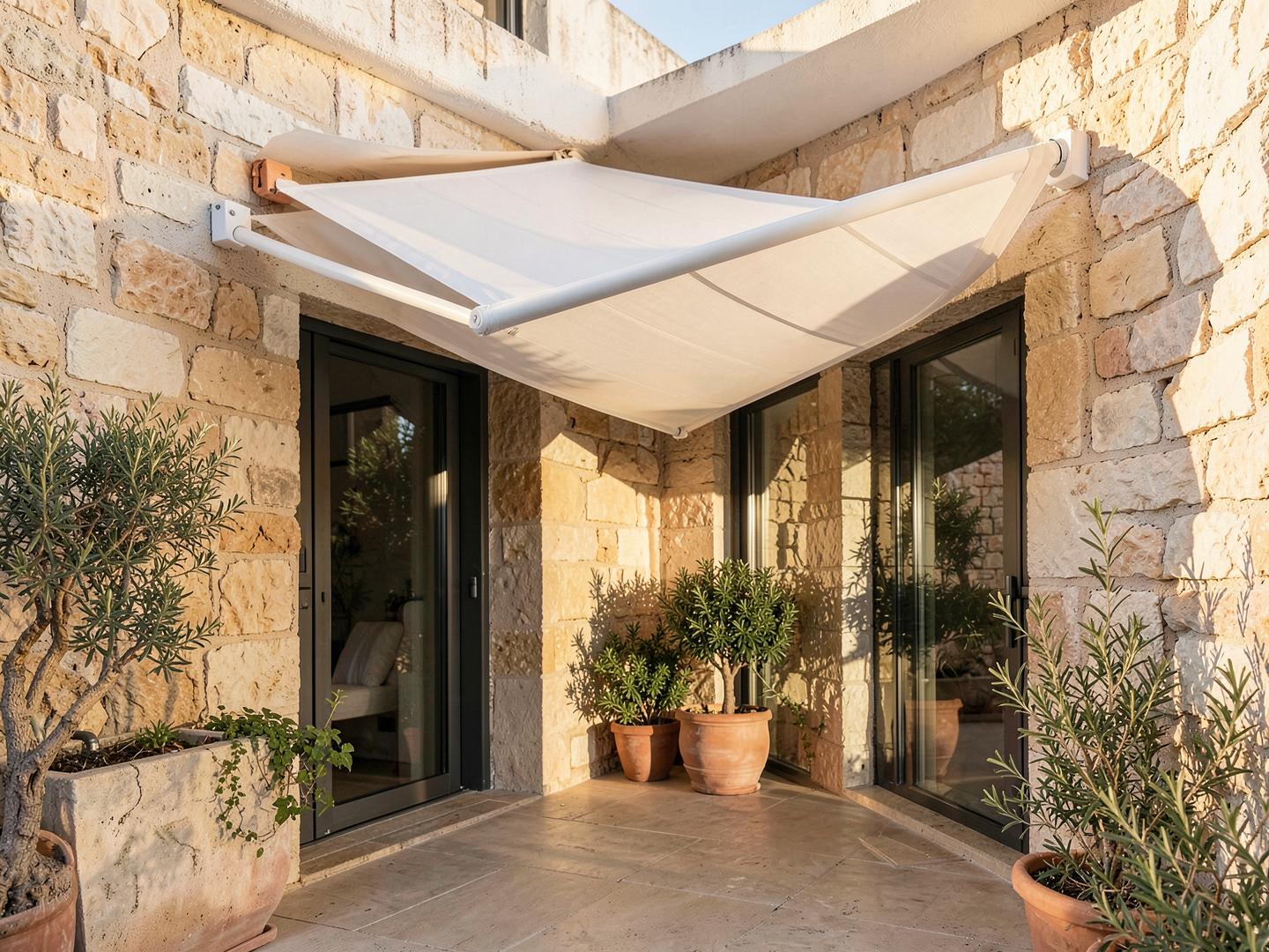White retractable cassette awning over a stone courtyard