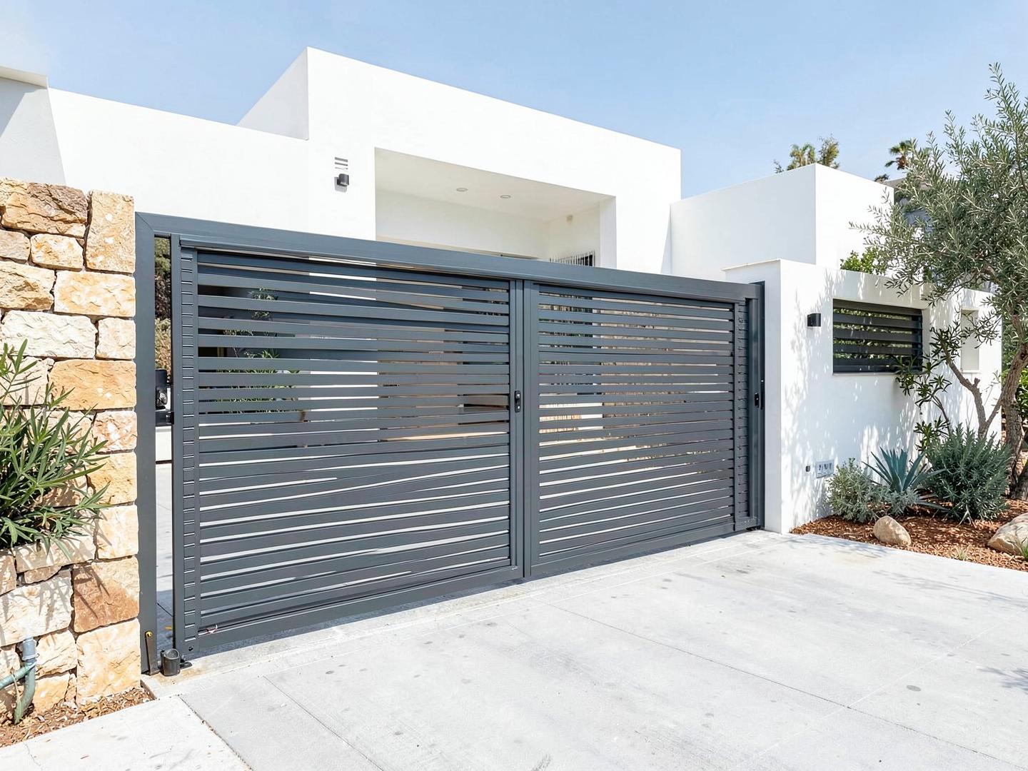 Graphite automated sliding gate at a white Cyprus home