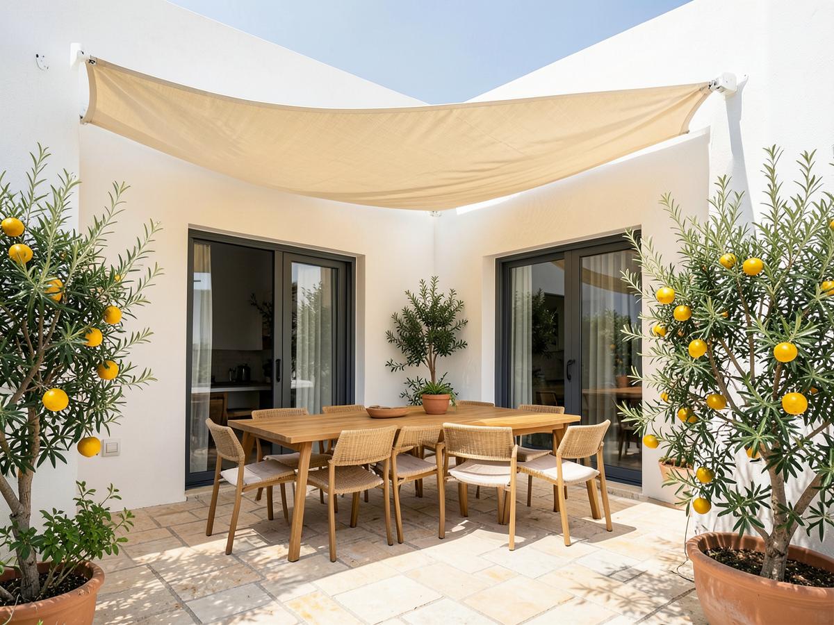Retractable courtyard awning